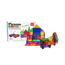 Set magnetic de construit PicassoTiles 82 de piese cu 2 masinuțe,10 forme diferite