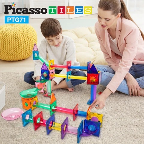 PicassoTiles, Traseu magnetic cu bile (Marble Run) 71 de piese mama si copil
