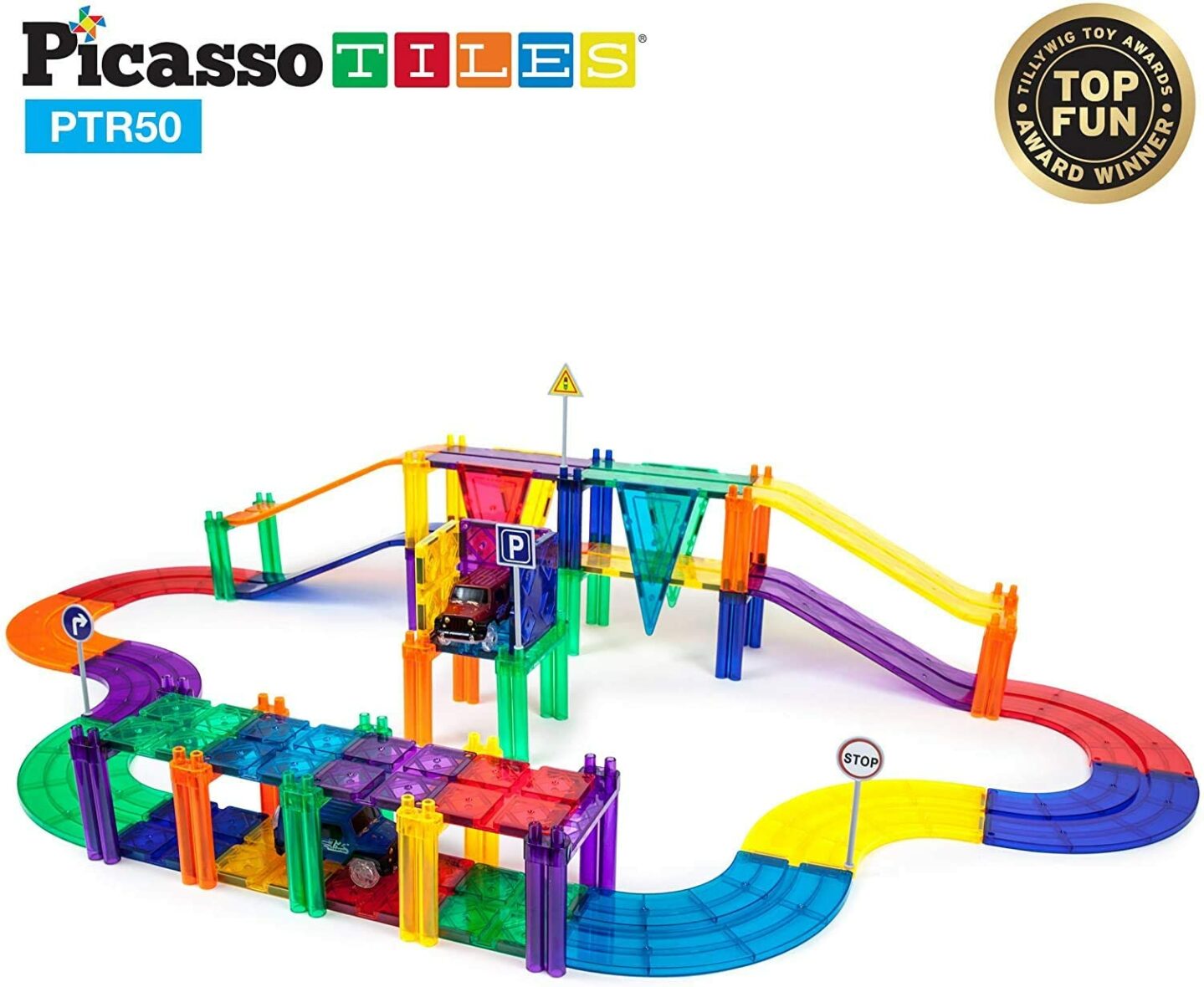 PicassoTiles, Pistă de curse, 50 de piese magnetice cu 2 masinuțe, PTR50