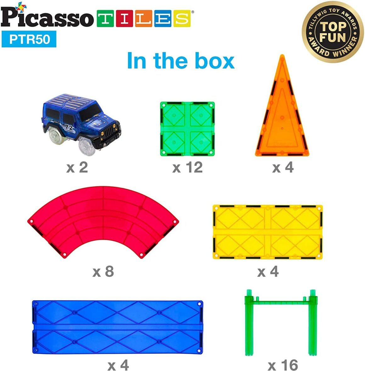 PicassoTiles, Pistă de curse, 50 de piese magnetice cu 2 masinuțe, PTR50 piese