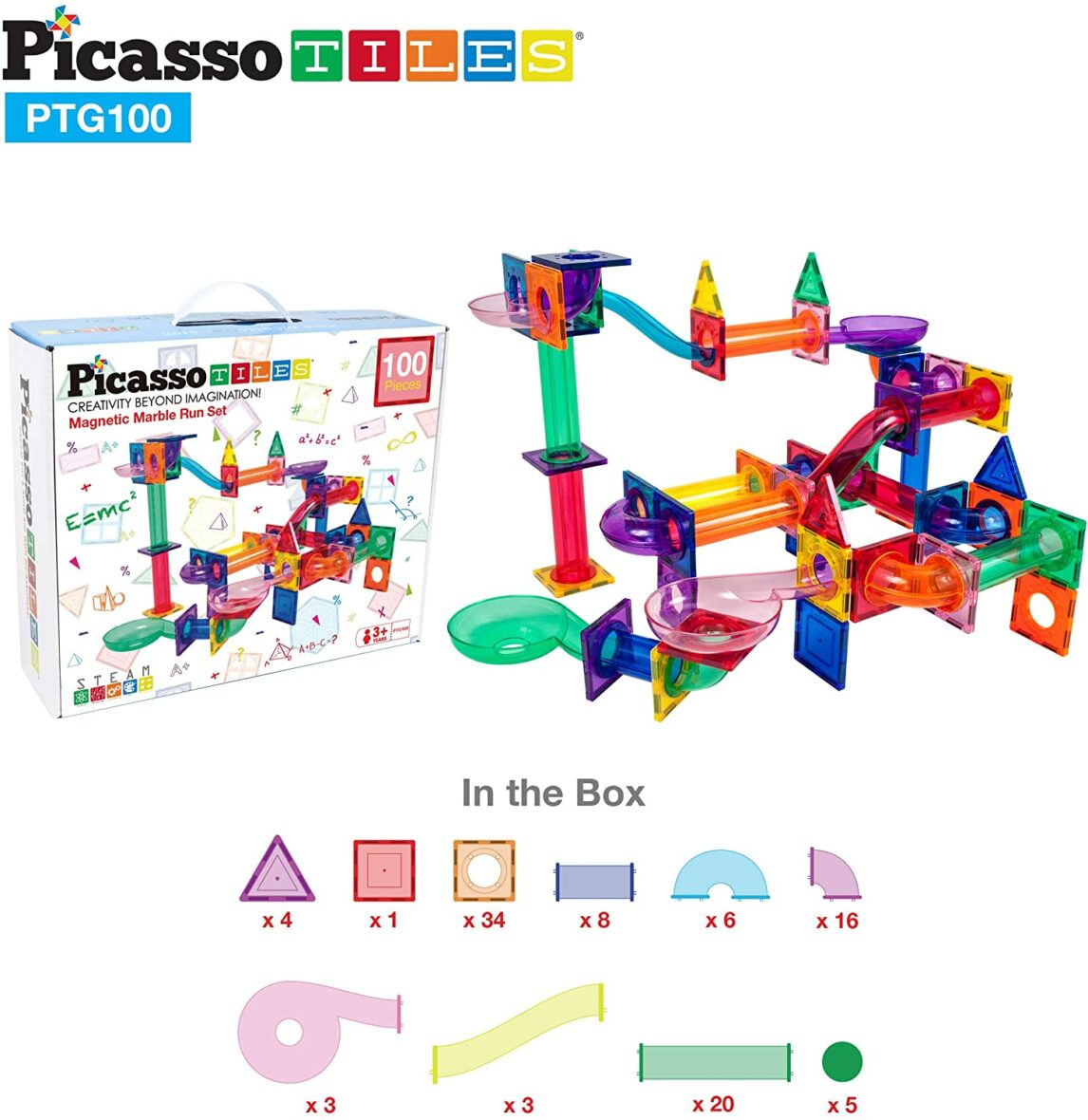 PicassoTiles, Traseu magnetic cu bile (Marble Run)100 de piese, PTG100 piese