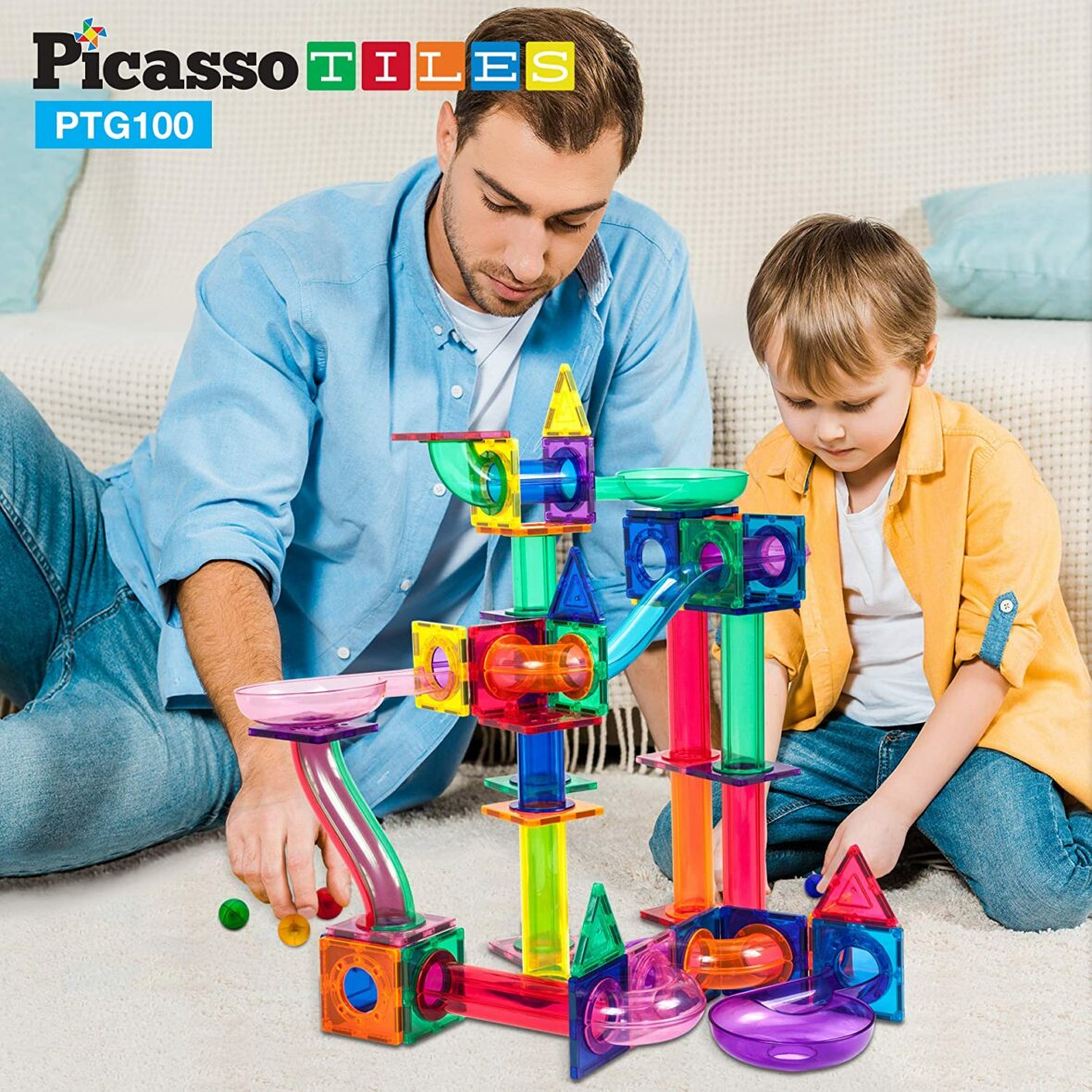PicassoTiles, Traseu magnetic cu bile (Marble Run)100 de piese, PTG100 tata si baiat