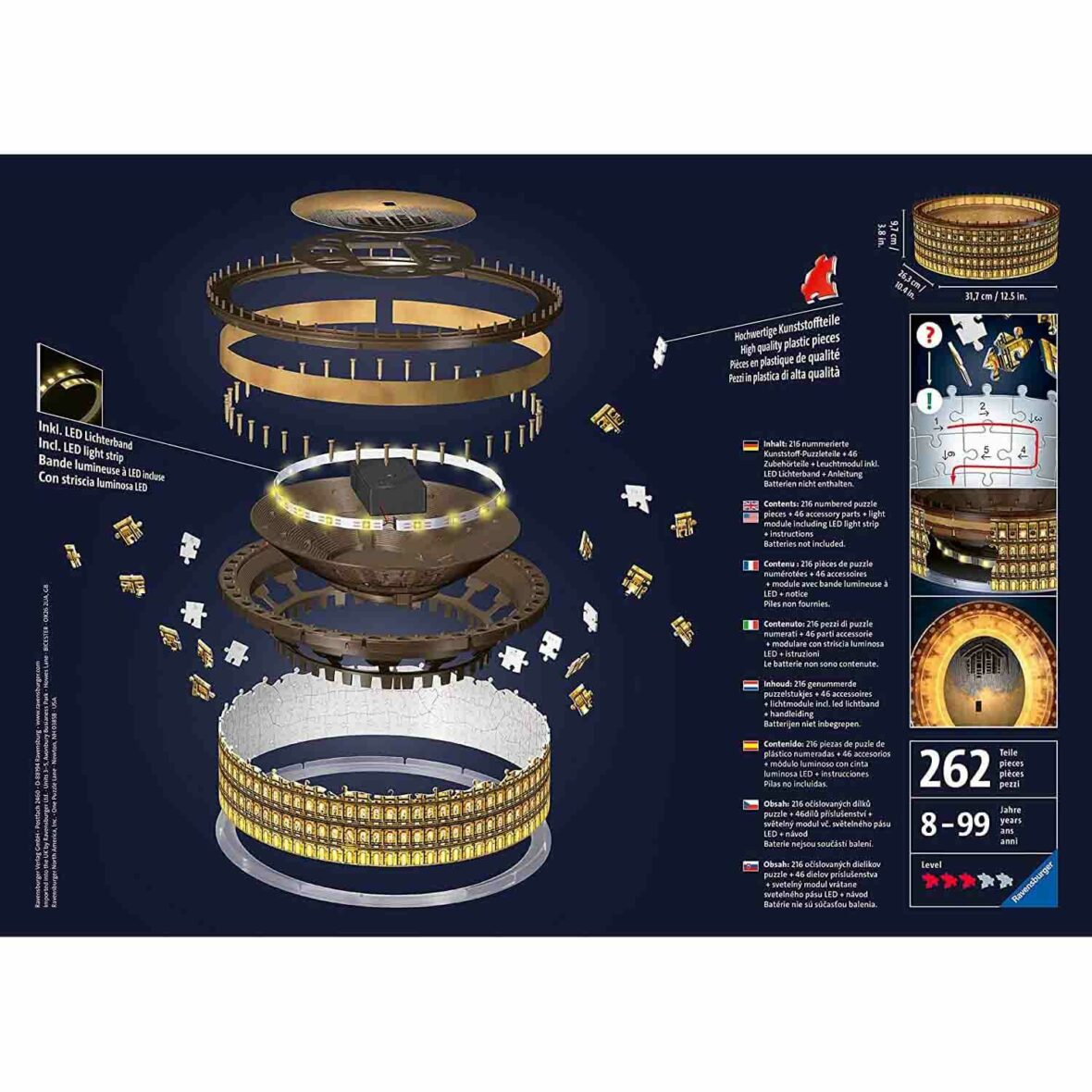 Puzzle 3D Luminos, Colosseum, Ravensburger, 216 Piese, 8 ani + cutie verso