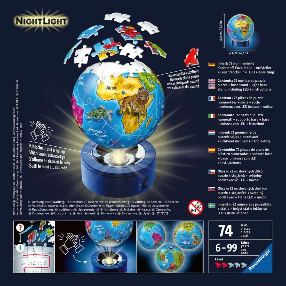 Puzzle 3D copii, Luminos, Glob Pamantesc, 72 Piese, 6 ani +cutie verso