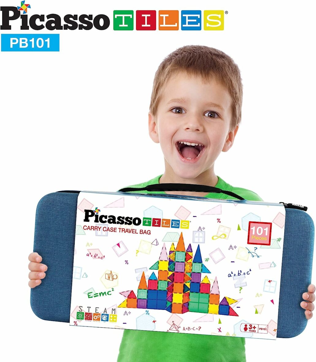 Set de construcție magnetic cu husă de transport, PicassoTiles, 101 piese copil
