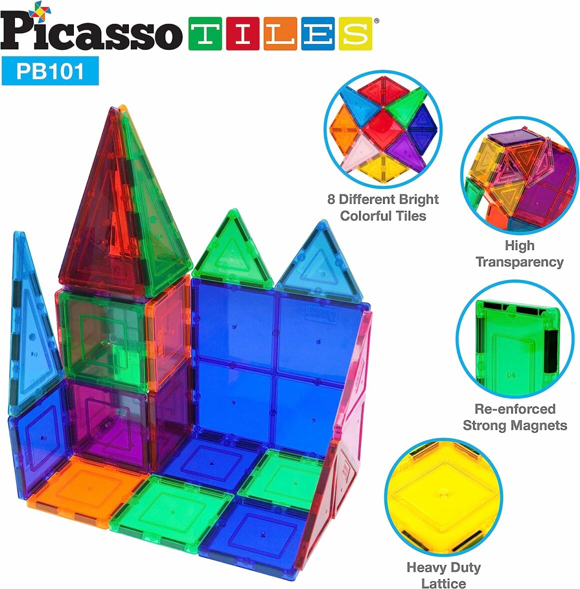 Set de construcție magnetic cu husă de transport, PicassoTiles, 101 piese detalii