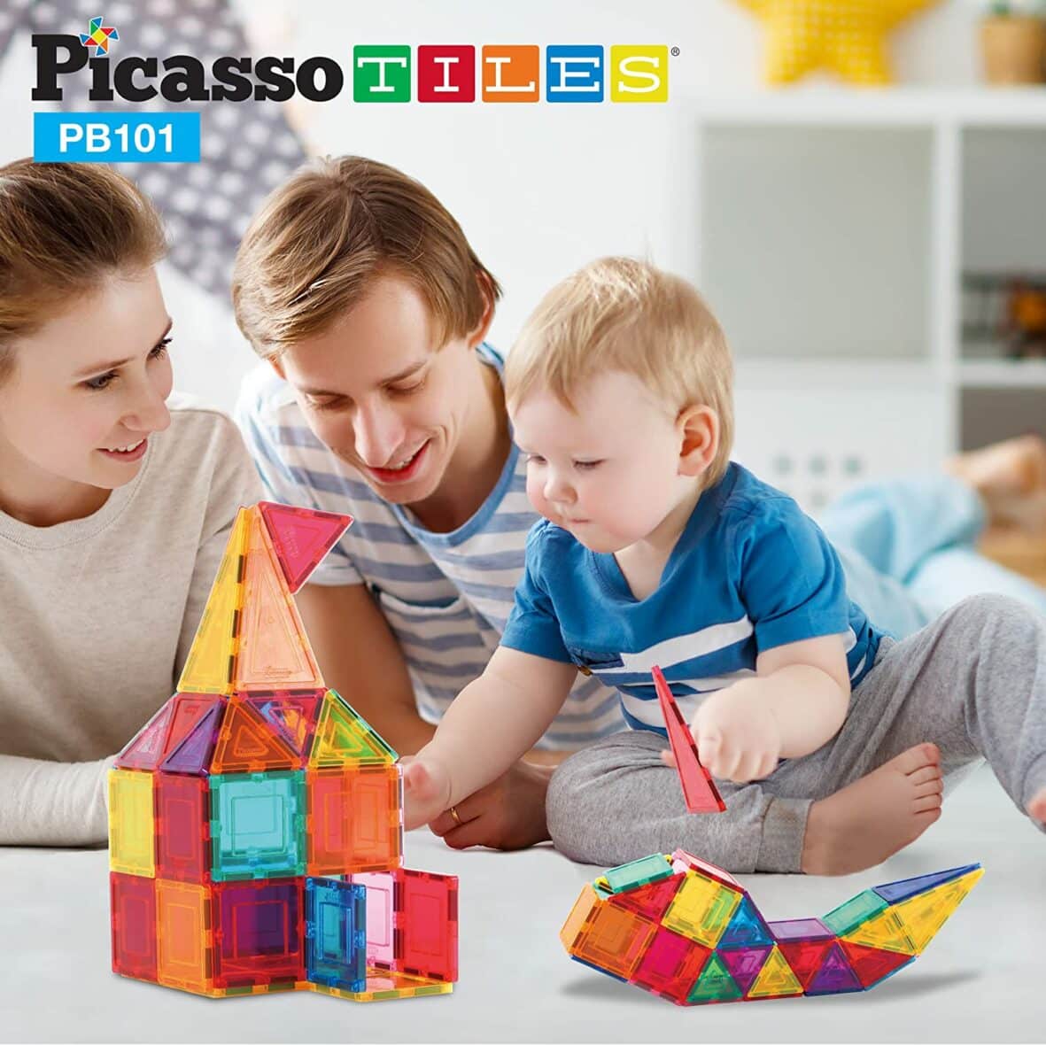 Set de construcție magnetic cu husă de transport, PicassoTiles, 101 piese familie