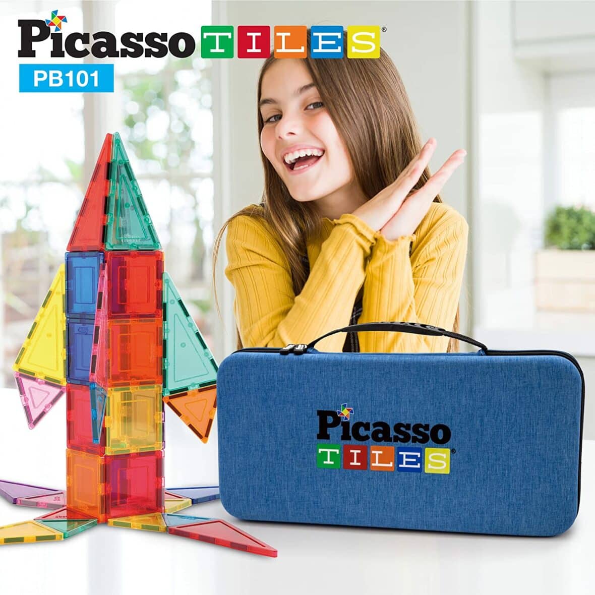 Set de construcție magnetic cu husă de transport, PicassoTiles, 101 piese fata