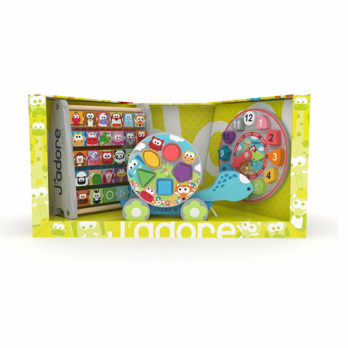 Set cadou 3 în 1 pentru copii, J’adore Wood cu abac, jucărie de tras țestoasă și ceas