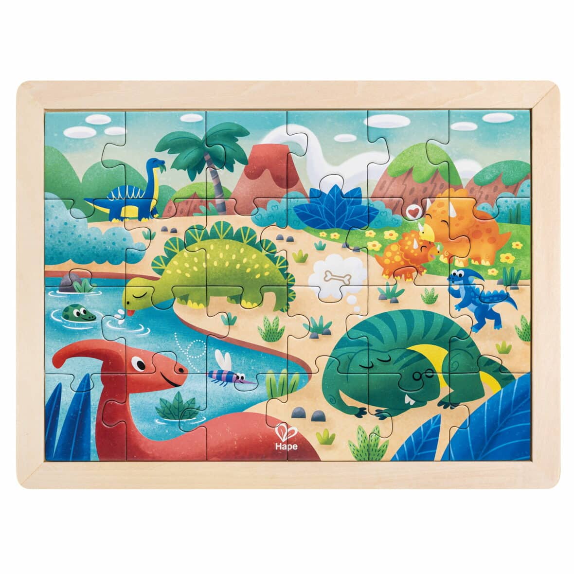 Puzzle din lemn 2 in 1, Dinozauri, cu fata dubla si activitate colorare, 26 piese