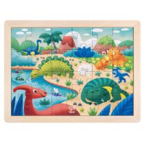 Puzzle din lemn 2 in 1, Dinozauri, cu fata dubla si activitate colorare, 26 piese
