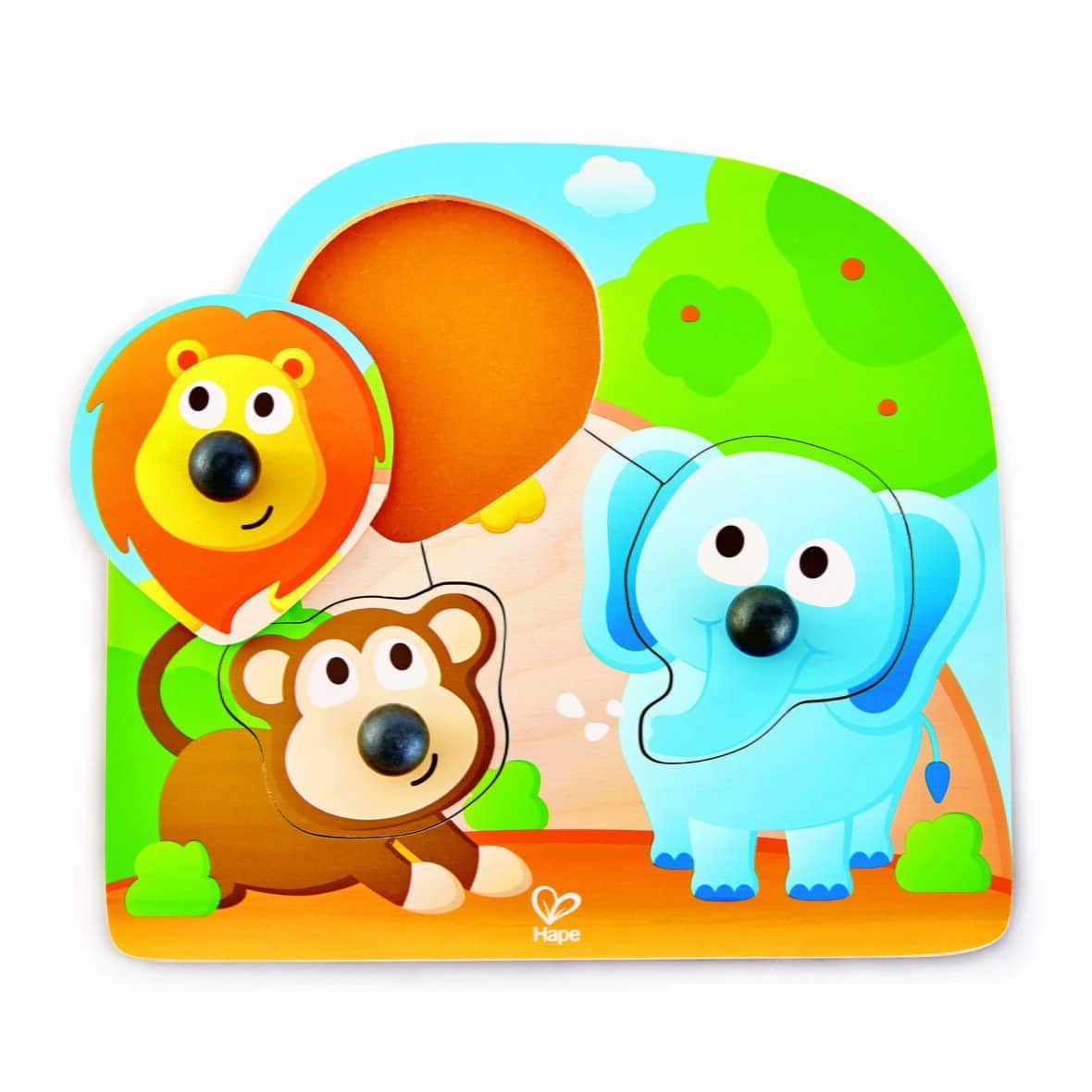 Puzzle din lemn cu butoni, Animale din Jungla cu nas mare