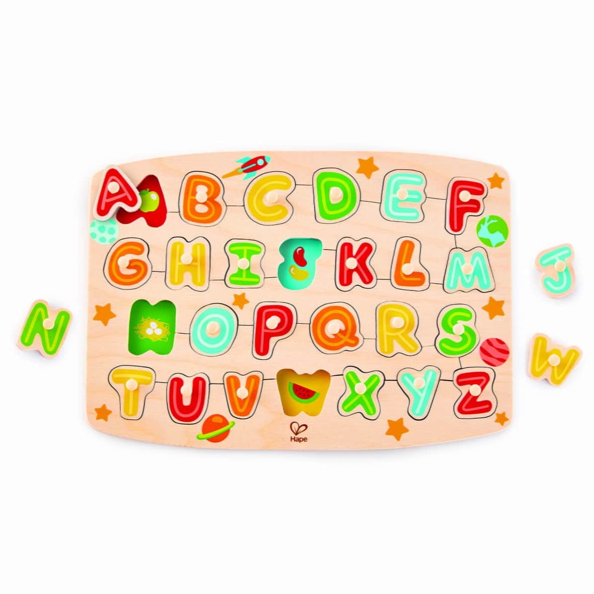 Puzzle din lemn cu butoni, Alfabet