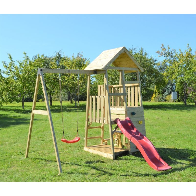 Turn de joacă cu două platforme, panou de cățărare, tobogan, leagăn, măsuță de picnic cu băncuțe și ladă de nisip